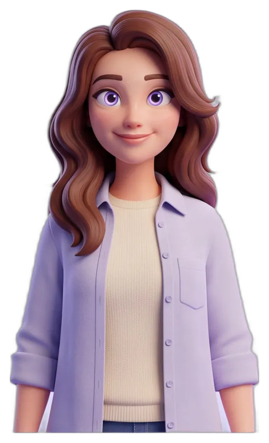 Opal smiling, with wavy chestnut hair, a cream knit sweater and an open lavender overshirt.