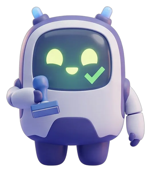 Pip holding up his blue stamp, with a green check mark on his screen.